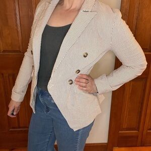 Maison d’ Amelie Paris Seersucker M Blazer Beige Jacket Nautical Preppy Academia